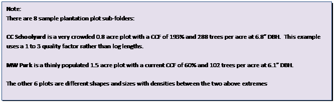 Text Box: Note:
There are 8 sample plantation plot sub-folders:

CC Schoolyard is a very crowded 0.8 acre plot with a CCF of 193% and 288 trees per acre at 6.8 DBH.  This example uses a 1 to 3 quality factor rather than log lengths.

MW Park is a thinly populated 1.5 acre plot with a current CCF of 60% and 102 trees per acre at 6.1 DBH.

The other 6 plots are different shapes and sizes with densities between the two above extremes 

